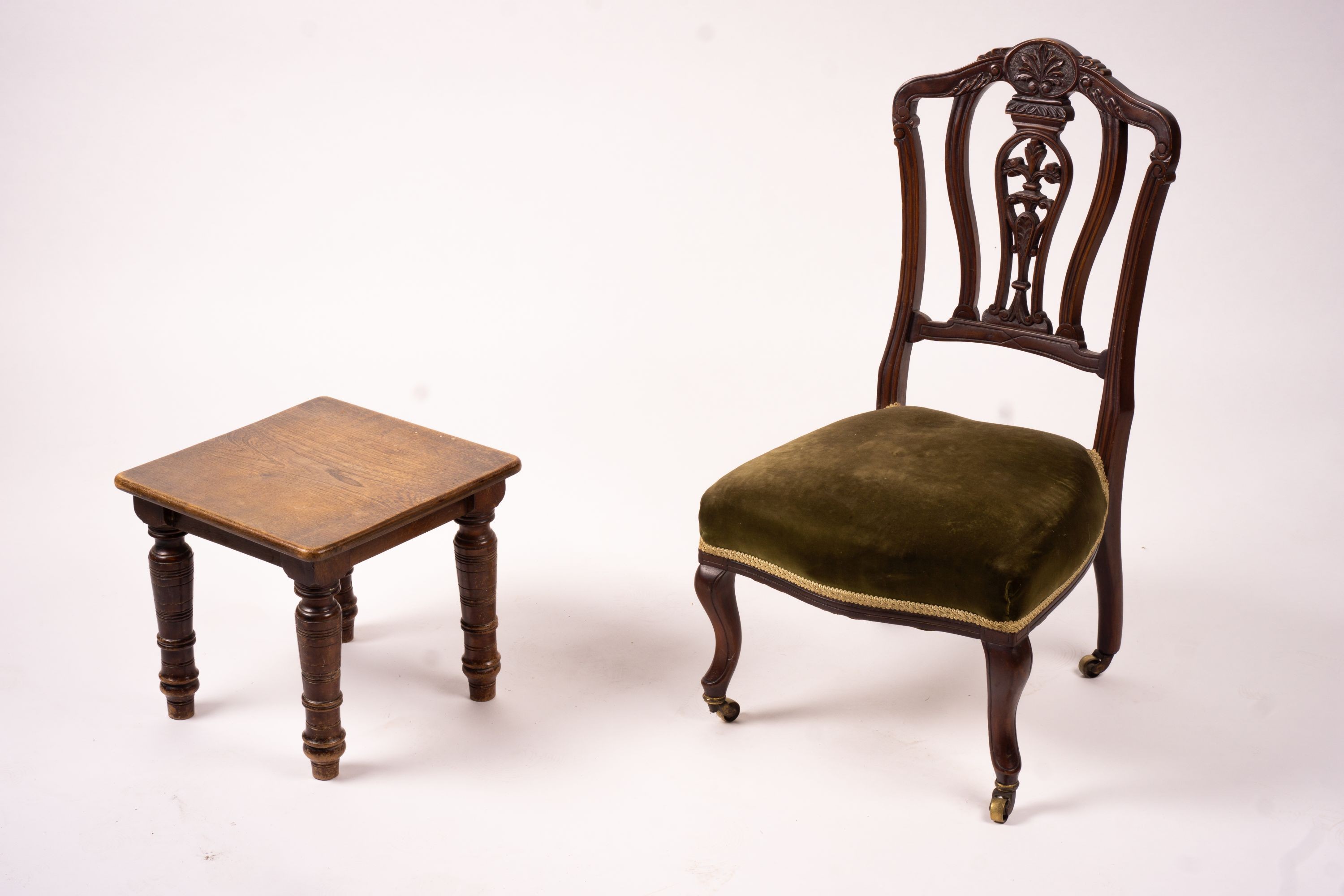 A Victorian salon chair, a Victorian side chair, square oak occasional table and a circular table